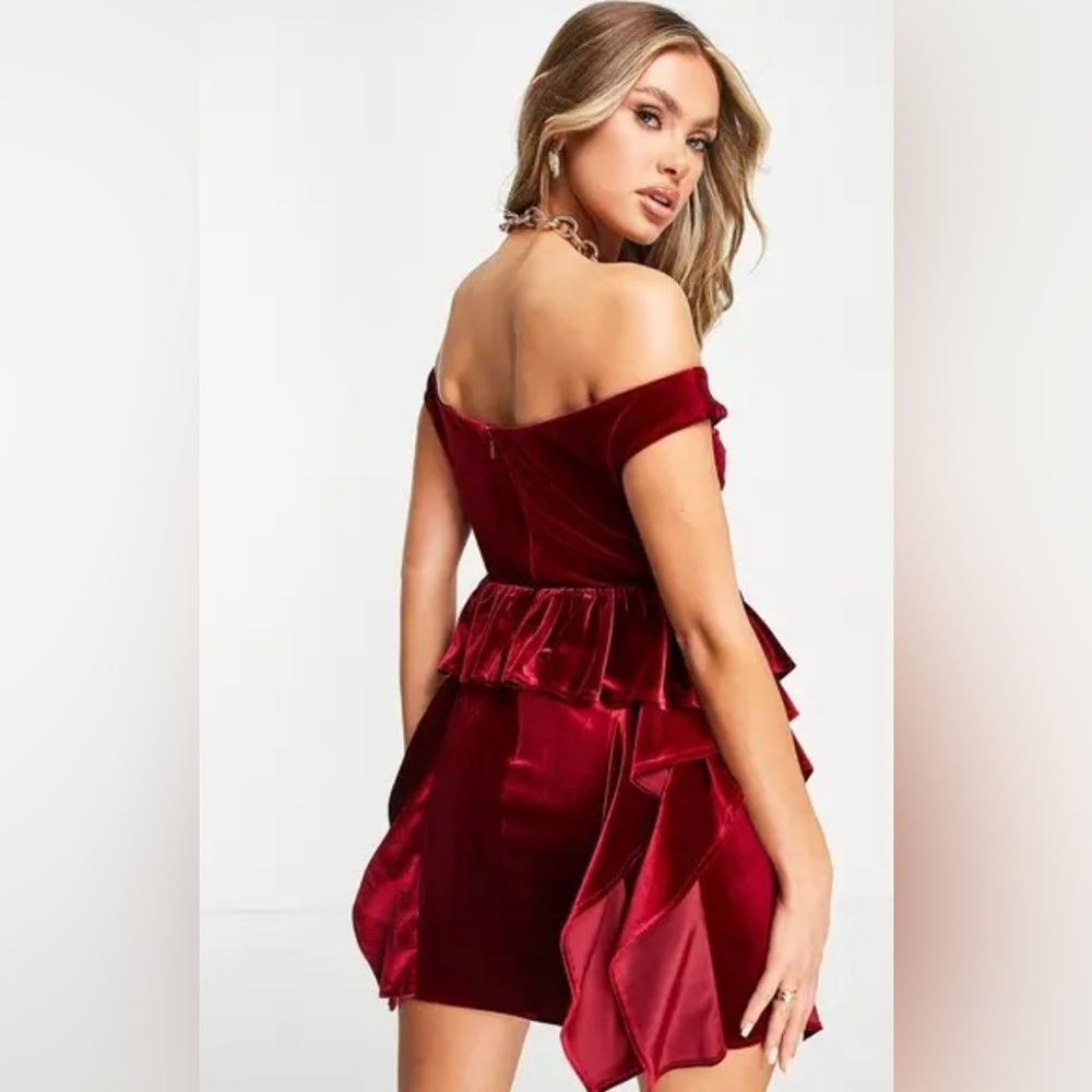 ASOS Red Velvet V Neck Peplum Ruffle Mini Dress (Size 4) - Picture 8 of 11